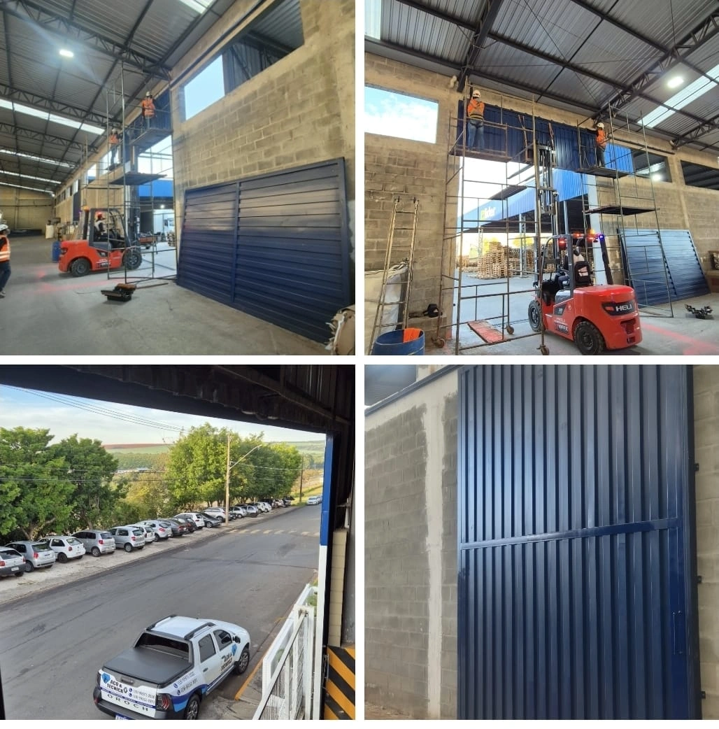 Montagem de portão industrial em galpão